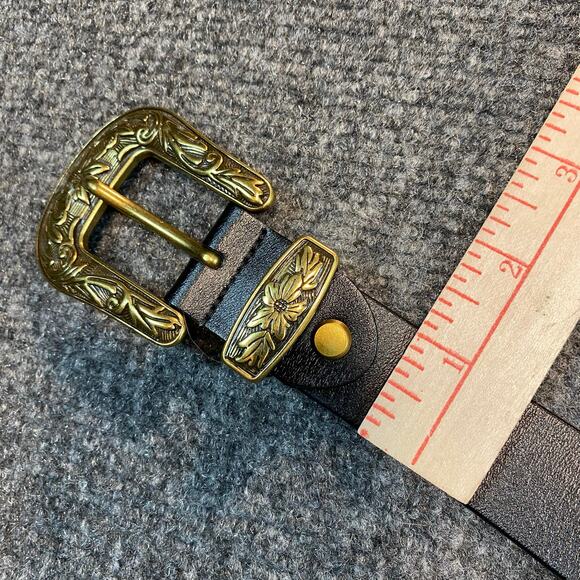 Western Double Buckle Belt Black Leather Engraved Gold Hardware main image 5